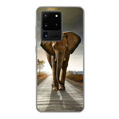 Produktbild von MuchoWow® Handyhülle Schutzhülle Hülle für Samsung Galaxy S20 Ultra Elefant - Straße - Tiere - Sonnenuntergang - Landschaft Silikon Softcase Handy Hülle - Karteninhaber