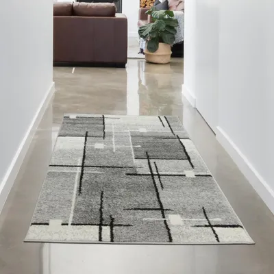 Zdjęcie produktu dla Designerski dywan z abstrakcyjnym kwadratowym wzorem w kolorze szarym Rozmiar - 80x140 cm
