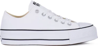 A white Converse Chuck Taylor All Star Lift Ox sneaker with a platform sole is shown from the side against a white background.