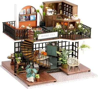 Image de Habarri | Maison Miniature - DIY Maison de Poupées - Maison en Bois avec Meubles et éclairage LED - Cadeau pour Enfants - Bar À Thé Momo