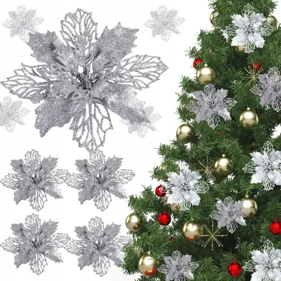 Produktbild von Weihnachtsstern Christbaumschmuck - 6er Set - Glitzer Blumen Deko - Silber