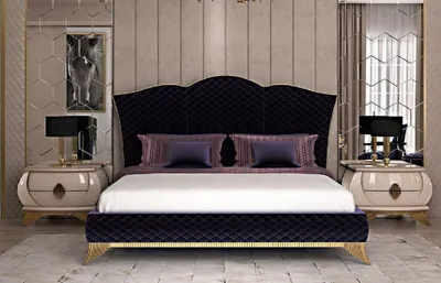 Immagine prodotto di Casa Padrino Luxury Art Deco Bedroom Set Purple / Cream Coloured / Gold - 1 letto matrimoniale con testiera e 2 comodini - Art Deco Bedroom & Hotel Furniture - Luxury Collection