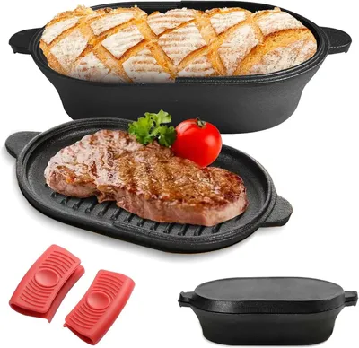 Image de Boîte à pain en fonte - Moule à pâtisserie avec couvercle - Pour la cuisson du pain - Design 2 en 1 - 28 cm - Noir