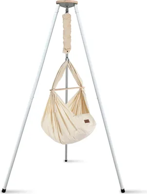 A baby hammock with a tripod stand.