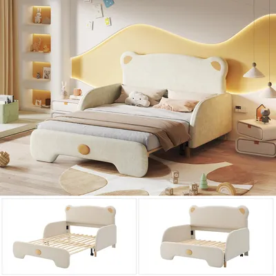Produktbild von MODFU Kinderbett Polsterbett 140x105/140x200cm, Schlafsofa Daybett für Teenager,Ausziehbett in Bärenkopfform mit lattenrost, Samt Beige(Ohne Matratze)