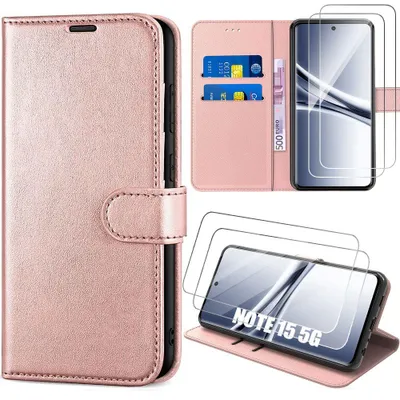 Image de Coque + 2 Verres Trempés pour Xiaomi Redmi Note 15 5G/4G, Protection Anti-Rayures Antichoc Synthécuir Rose