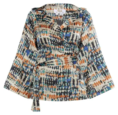 Produktbild von q Damen Wickelbluse 17229216-QI01, BEIGE BLAU Mehrfarbig, XL