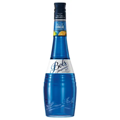 A bottle of Bols Blue Curaçao liqueur against a white background.
