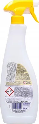 A white spray bottle with a yellow trigger and cap, showing product information on the label.