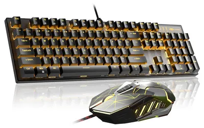 Produktbild von Mechanisches Tastatur Maus Set Kabelgebunden, 104 Tasten Blue Switch, LED Beleuchtung, USB, N-Key Rollover, 3200 DPI Gaming Maus, Schwarz