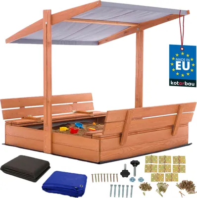 Produktbild von KOTARBAU® Sandkasten mit Abdeckung 120 x 120 cm Großer Braun Holzsandkasten mit Grau Dach Sandkasten mit Deckel Sandkasten mit Dach Gartenspielzeug Kinder imprägniert verschließbar mit Bänken