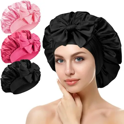 Produktbild von Nachtmütze aus Satin, 3 Stück, elastisch, verstellbar, für lockiges Haar