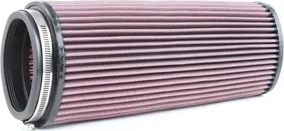 A close-up, studio shot of a cylindrical air filter with pink filtering material and black rubber ends.