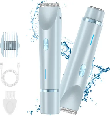 Obrázek produktu pro dámský zastřihovač bikin 2 v 1, USB dobíjecí elektrický holicí strojek pro mokré a suché holení, vodotěsný holicí strojek IPX7 pro oblast bikin, podpaží, nohou, paží, obličeje a těla - modrý