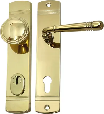 Produktbild von Häußler Onlinehandel GmbH Türbeschlag Helena Knauf Haustür Messing poliert Zamak, PZ 92mm, Türstärke 35-75mm, Vierkant 8/10mm, Schildmaß 240x49mm, Schildstärke außen 13mm innen 7mm, Bohrungsabstand Vierkant-Oben 70mm, Bohrungsabstand Oben-Unten 216mm, LS HS ZA, komplett mit Befestigungsmaterial