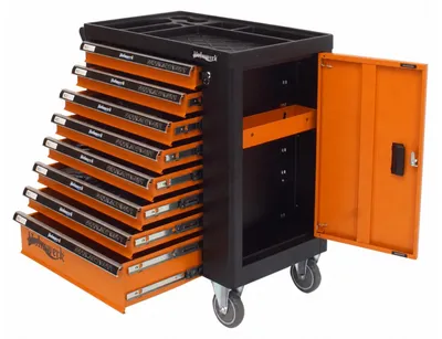 Produktbild von Holmwerk® Werkstattwagen leer 8 Schubladen 84 x 46 x 90 cm orange-schwarz mit Seitentür