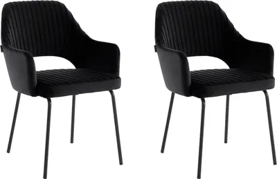 Two black velvet dining chairs with metal legs, shown from the front.