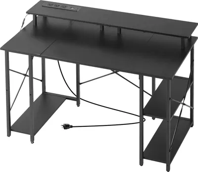 Produktbild von SucceBuy Computertisch Bürotisch Schreibtisch mit LED-Beleuchtung & Steckdosen, Arbeitstisch mit Monitorhalterung und zweistufigen Ablageflächen, geeignet für Arbeitszimmer, Wohnzimmer oder Homeoffice in Schwarz