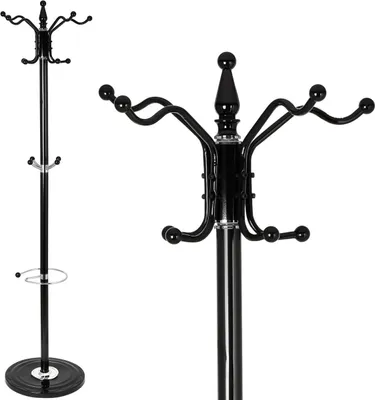 A black coat rack is shown from two angles: a full view and a close-up of the top portion.