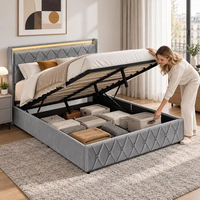 Imagen del producto de Cama tapizada INONEFT de 140x200 cm con LED y USB, cama doble, cama juvenil con espacio de almacenamiento hidráulico, estructura de cama con espacio de almacenamiento, somier de láminas, terciopelo, gris