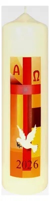 Produktbild von Osterkerze Kreuz Orange/Rot mit Taube und A und O sowie aktueller Jahreszahl 220 x Ø 60 mm