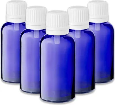 Produktbild von 5x Blaue Glasflasche 30 ml mit weißem Tropfeinsatz Tropfer leer 18 mm