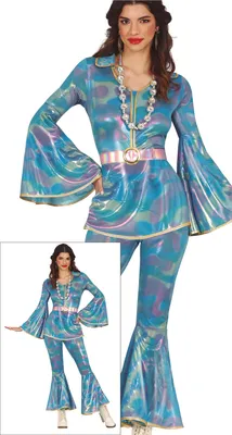 Productafbeelding van Hippie retro disco outfit, wijde broek, kostuum, carnaval, jaren '70, dans, indrukwekkend, authentiek, glamoureus, kleurrijk, elegante blouse, feest, carnaval, maat: 36 - 38 (S), kleur: meerkleurig