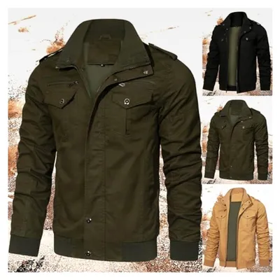 Produktbild von Herren Sport Übergangsjacke Cargo Outdoorjacke winddicht Thermo Winterjacke Slim Fit Arbeitsjacke mit mehreren Taschen Baumwolle Stehkragen Fliegerjacke einfarbige Fitness Wanderjacke