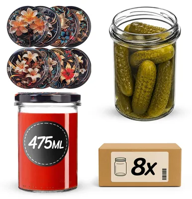 Zdjęcie produktu dla Słoiki KADAX o pojemności 475 ml, średnica 82 mm, z zakrętkami, idealne do przechowywania dżemów, konfitur i miodu (wzór: kwiaty, zestaw 8 sztuk)