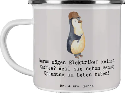 Produktbild von Mr. & Mrs. Panda Camping Emaille Tasse Elektriker Witz - Grau Pastell - Geschenk, Beruf, Pott, handgefertigte Geschenke, Teetasse, metallbecher, Humor, mit Herz, Alltag