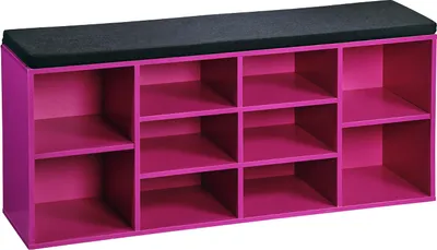 A pink shoe cabinet with a black seat cushion on top, shown against a white background.