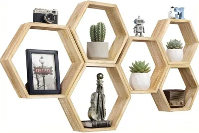Imagen del producto de Estanterías hexagonales flotantes, juego de 6 unidades, de madera, para montaje en pared