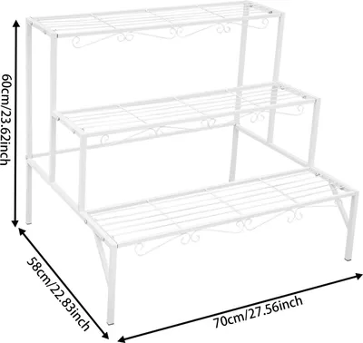 Produktbild von Pflanzenständer/Blumenregal aus Metall - 3-stufige Treppenform - Freistehend - Innen/Außen - 70×58×60 cm - Eisen - Hochtemperatur-Backlack - Weiß