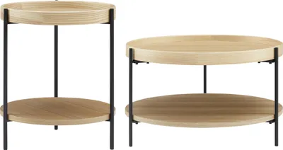 Produktbild von SalesFever Couchtisch 2er-Set | rund | je 2 Ablageflächen | MDF mit Eschenholzfurnier | B 69/44 x T 69/44 x H 39/49 cm | Natur – Schwarz