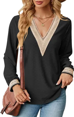Image de ASKSA Femme Col V Manches Longues T-shirt Elégant Blouse en dentelle Epissée Casual Manches Longues Tunique Tops, Noir, S