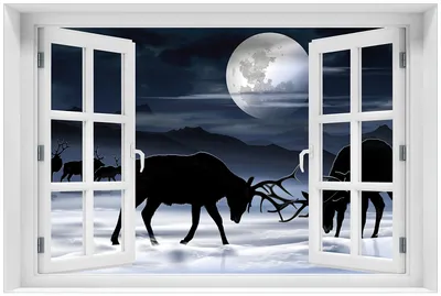 Produktbild von Wallario Premium Glasbild mit Fensterrahmen, freischwebende Optik, kräftige Farben, Größe 60 x 90 cm Motiv Elch im Schnee bei Mondschein - Silhouette am Abend