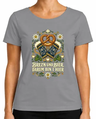 Productafbeelding van Bier en pretzels, daarom ben ik hier. Traditioneel shirt, lederhosen, dirndl, dames T-shirt, grijs, maat M