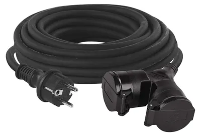 Venkovní prodlužovací kabel 15 m / 2 zásuvky / černý / guma / 230 V / 1,5 mm2