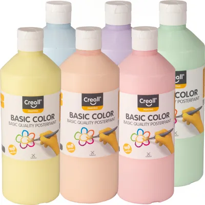 Zdjęcie produktu dla Zestaw 6 pastelowych farb plakatowych o pojemności 500 ml w kolorach żółtym, czerwonym, pomarańczowym, zielonym, fioletowym i niebieskim