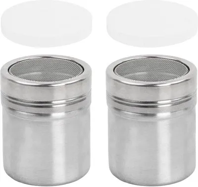 Immagine prodotto di Set di 2 spargitori in acciaio inossidabile Unyqoos®, dimensioni 8 x 6,5 cm, con coperchio trasparente – richiudibili, ideali per zucchero a velo, cacao, matcha e spezie