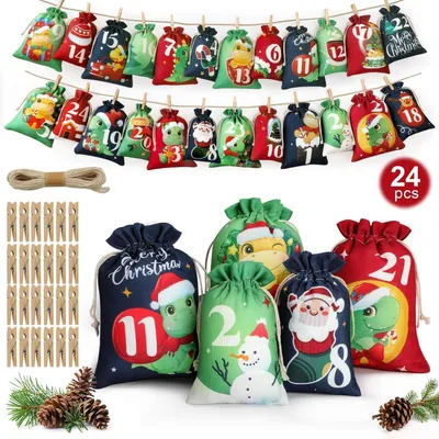 Produktbild von Adventskalender zum Befüllen Kinder 24 Stoff Säckchen Jute Tüten DIY Dinosaurier Motiv