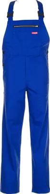 A pair of blue overalls is shown against a white background.