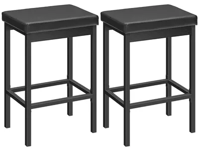 Image de Ensemble de 2 tabourets de bar, hauteur 63 cm, assise rembourrée, couleur noire, revêtus en PU, structure en métal