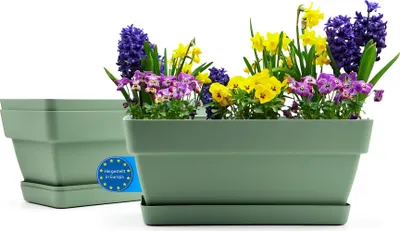 Produktbild von BigDean 3 Stück Blumenkasten 39 cm aus bruchfestem Kunststoff in Olivgrün – Balkon Pflanzkasten für innen & außen geeignet – Europe