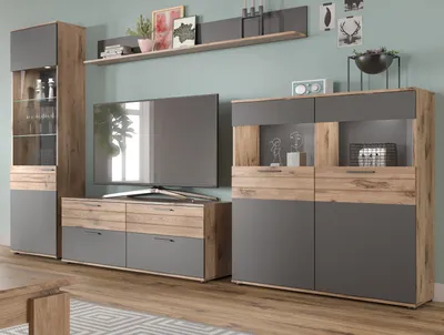Produktbild von Wohnwand "Tomaso" Eiche und grau Wohnkombination 4-teilig 327 cm mit Soft-Close