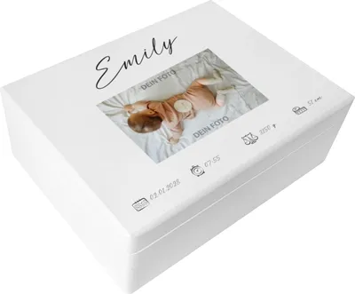 Produktbild von Creative Deco Erinnerungsbox Baby Foto | Personalisierte Holzkiste ohne Griffe Weiß