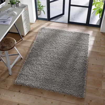 A shaggy rug is placed on a wooden floor in a room with a desk and chair, and large glass doors leading outside.
