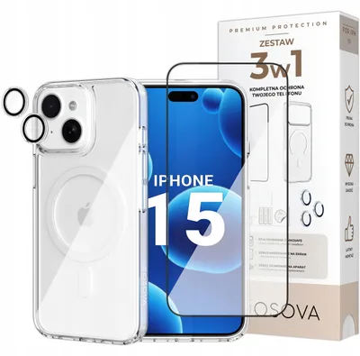 Imagen del producto de Funda para iPhone 15 compatible con MagSafe de Osova + Cristal 5D + Protector de lente de cámara – Set 3 en 1