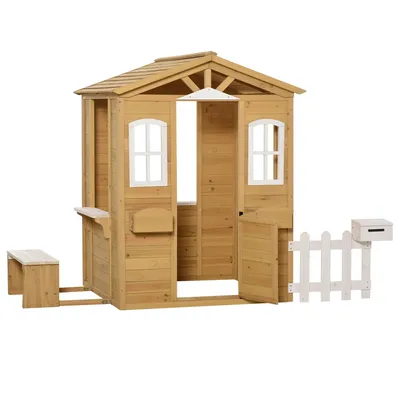 Produktbild von Kinderspielhaus aus Holz Spielhaus Outdoor mit Tür, Fenster und Pflanzkasten Briefkasten Bank für Kinder 3-6 Jahre
