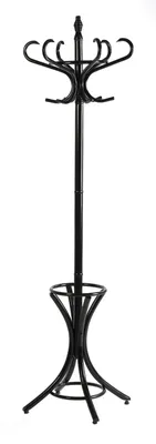 A black metal coat rack with a circular base and umbrella stand.